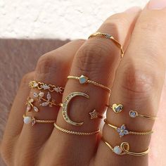 New! Bohemian Fashion Star Moon Love Pearl Leaf 10-Piece Ring was just added to eBay. Check it out! #eBay #eBaySeller Slytherin Accessories, قلادات متدلية, Rings Set For Women, Bohemian Jewellery, Gold Color Ring, Knuckle Ring, Trendy Ring, Geometric Ring, Bohemian Rings