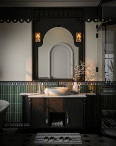 a bathroom with a sink, mirror and bathtub in the middle of the room