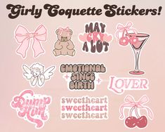 some stickers that are on the side of a pink background with words and symbols