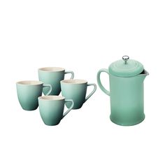 a set of four tea cups and a coffee pot on a white background with the lid off