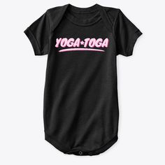 a baby bodysuit with the word yoga on it in pink and black, against a white background