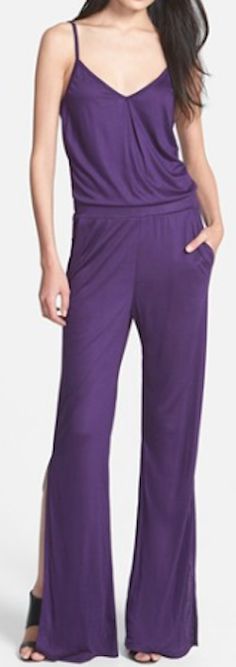 . Stretch V-neck Jumpsuit For Evening, Chic Purple V-neck Jumpsuits And Rompers, Luxury V-neck Fitted Jumpsuit, Purple Jumpsuit, Bohemian Printed V-neck Jumpsuit, Purple Girls, Purple Outfits