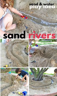 kids playing in sand and water at the same time, with text overlay that reads sand and water play areas