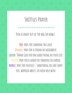 a green and white poster with the words skittles prayer