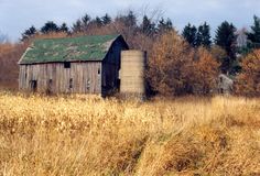 an old barn in the middle of a field with tall grass and trees behind it