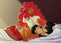 a woman laying on top of a bed next to a man with long red hair