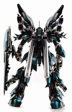 a blue and black robot with wings on it's back