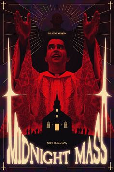 a movie poster for midnight mass with the image of a man standing in front of a church