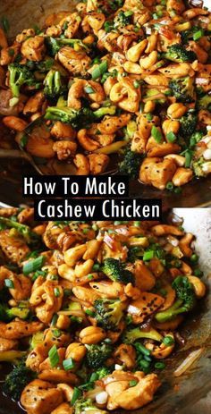 two pictures showing how to make cashew chicken