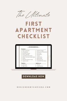 the ultimate first apartment checklist is shown on a computer screen with text overlay