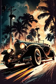 an old car driving down the road in front of palm trees and street lights at night