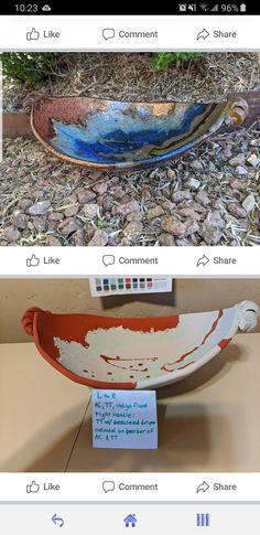 two pictures with different colors on them and one has a boat shaped bowl in the middle