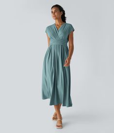 Women’s Breezeful™ V Neck Short Sleeve Side Pocket Tie Back Quick Dry Midi Casual Dress - Halara Slip Dress Beach, Midi Casual Dress, Maternity Nursing Clothes, Feminine Clothes, Nursing Clothes, Midi Dress Casual, Bleach Wash, Feminine Outfit, Working Woman