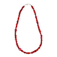 This unique Red Beaded Necklace features vintage glass beads that have been carefully handmade into a one-of-a-kind piece. Each bead has its own history and character, making this necklace truly special. Elevate your accessories game with this funky and distinctive necklace. Cheap Red Beaded Necklaces For Summer, Cheap Red Beaded Necklace, Cheap Trendy Red Beaded Necklaces, Cheap Casual Red Beaded Necklace, Affordable Red Beaded Pendant Necklaces, Casual Red Beaded Necklaces Cheap, Cheap Red Beaded Necklace With Silver Beads, Casual Cheap Red Beaded Necklace, Affordable Red Beaded Necklace With Silver Beads