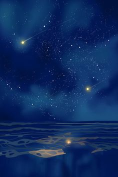 the stars are shining in the night sky over the ocean and water with waves on it