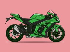 a green motorcycle on a pink background