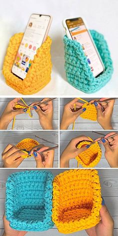 crocheted cell phone holder made out of yarn, with instructions to make it