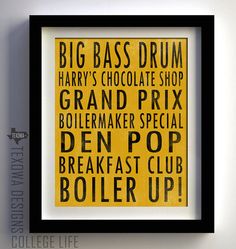 a yellow and black poster with the words big bass drum harry's chocolate shop