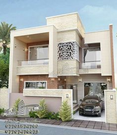 a car parked in front of a two story house with balconies on the second floor