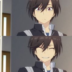 two anime characters one with black hair and the other without his head turned to look like he's smiling