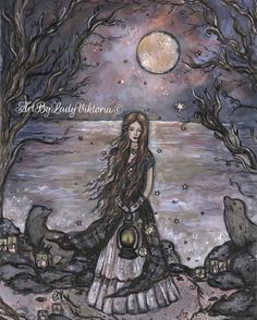 a painting of a woman with long hair standing in front of trees and the moon