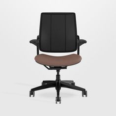 an office chair with a black frame and brown seat pad, on a white background