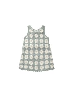 This sleeveless summer essential has an a-line silhouette, scalloped edging, and keyhold button opening on back.This playful floral crochet print features delicate blossoms and intricate patterns, adding a touch of vintage charm with a whole lot of fun.Care: Machine wash cold. Tumble Dry low.100% Cotton Crochet Baby Daisy Dress, Wood Baby Toys, Summer Book Club, Rylee And Cru, Fam Pics, Seafoam Color, Delicate Crochet, Baby Bow Headband, Summer Books