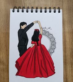 a drawing of a man and woman in red dress dancing together on a wooden table