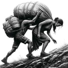 a drawing of two people carrying something on their back