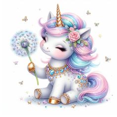 a white unicorn holding a dandelion and wearing a pink flower on its head