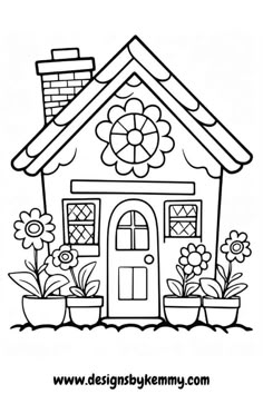 a house with flowers and potted plants in front of it coloring pages for kids