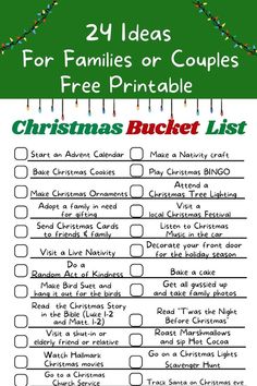 a checklist of Christmas activities to print Christmas Songs List, Bucket List For Families, Fun Christmas Party Ideas, Christmas Getaways, Send Christmas Cards, Christmas Bingo