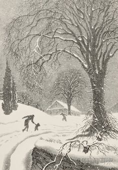 a drawing of two people walking in the snow near a tree and fence, with one person holding an umbrella