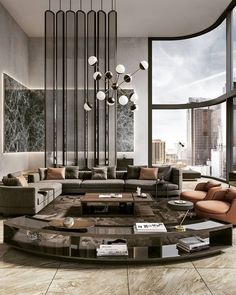 a large living room with modern furniture in it