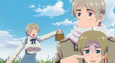 an anime scene with two people in the grass