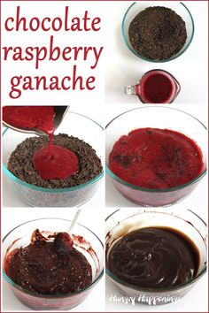 chocolate raspberry ganache is being poured into a glass bowl with the ingredients in it