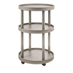 two tiered table with wheels on each side and one shelf for storing items in the middle