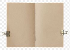 an open notebook with clippings on the front and back sides, isolated against a white background