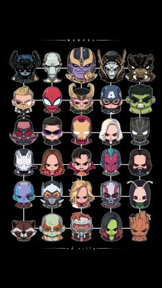 the avengers movie character heads are shown on a black background, with different colors and sizes