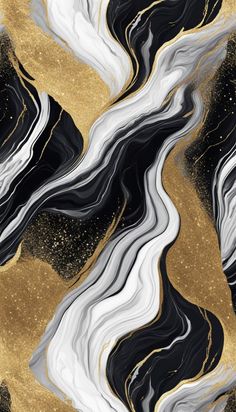 an abstract painting with gold and black paint on it's surface, in the shape of wavy lines