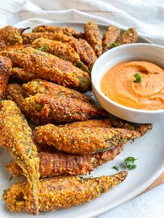 some fried food on a plate with dipping sauce