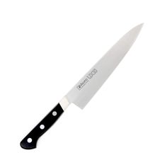 a large knife with a black handle on a white background