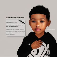 a young boy wearing a black hoodie with the word custom skin content on it