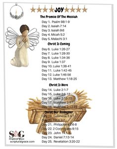 a poster with the names and dates for jesus's birth, which includes an angel