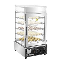 a display case with donuts and other pastries in front of it on an isolated white background