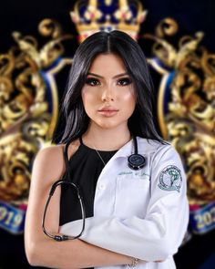 a woman with a stethoscope standing in front of a crest