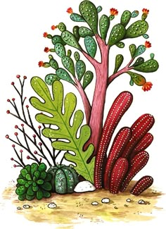 an illustration of some plants and rocks on the ground with water droplets all over them