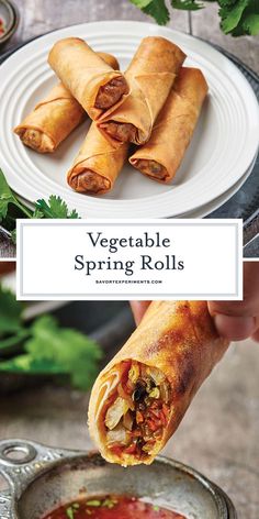 vegetable spring rolls on a plate with dipping sauce