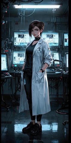 a woman in a trench coat standing in front of computer equipment