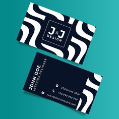 two black and white business cards on a blue background